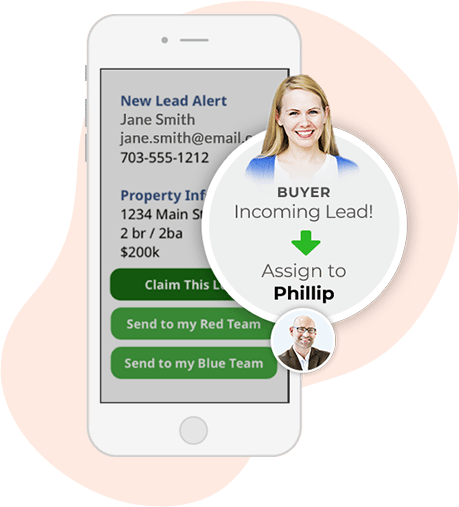 A cellphone with a lead alert and an image showing the lead getting assigned to a team member