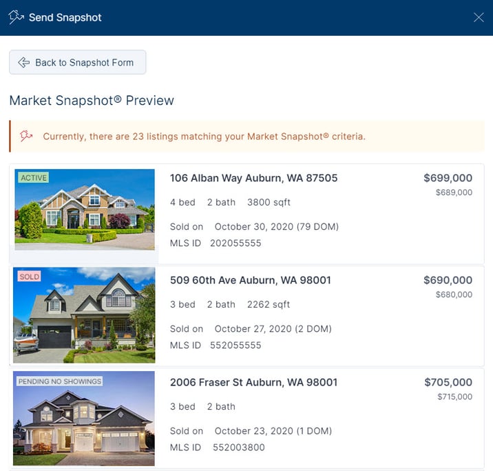 Preview of the listings in your Market Snapshot® report