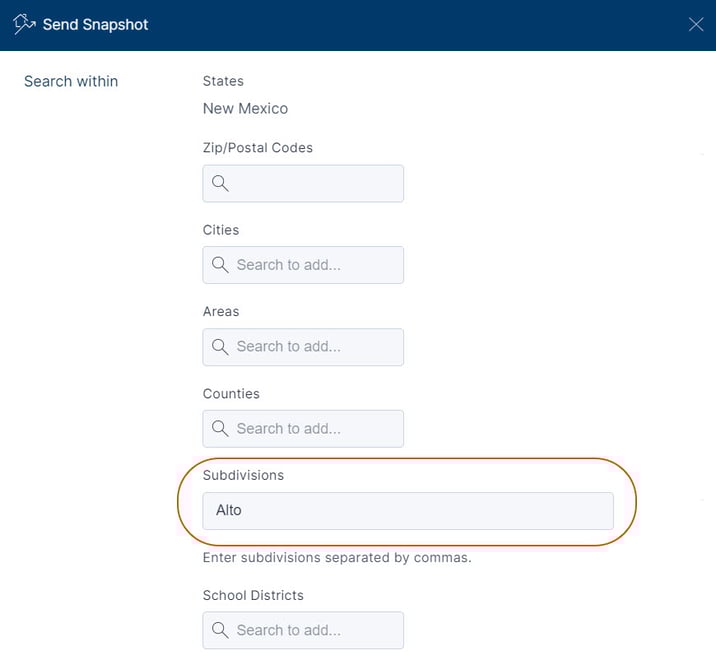 Search by subdivision when creating Market Snapshot® reports