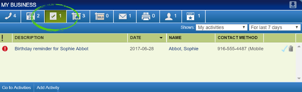 Birthday reminders in My Business
