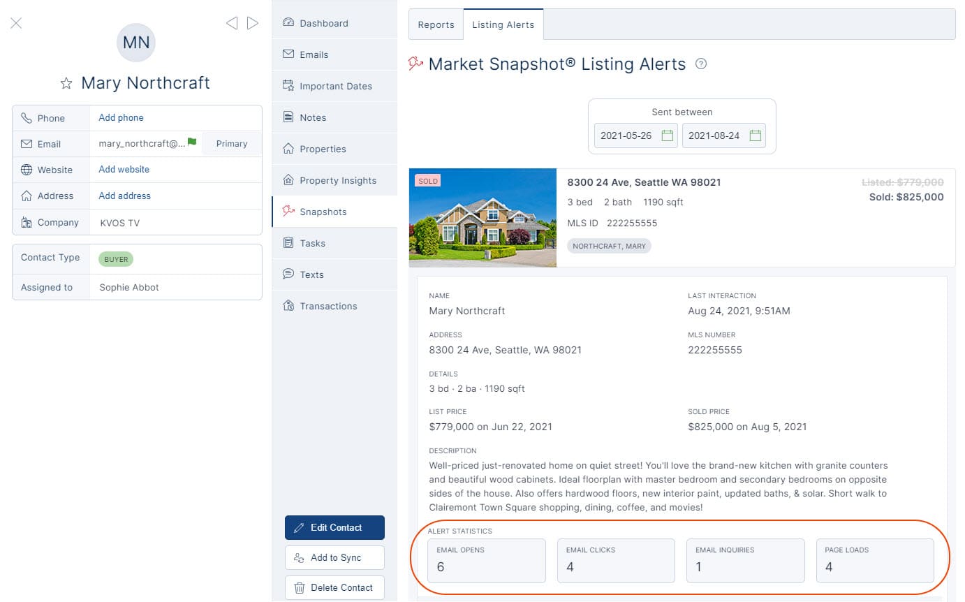 Listing alert opens & views in contact record