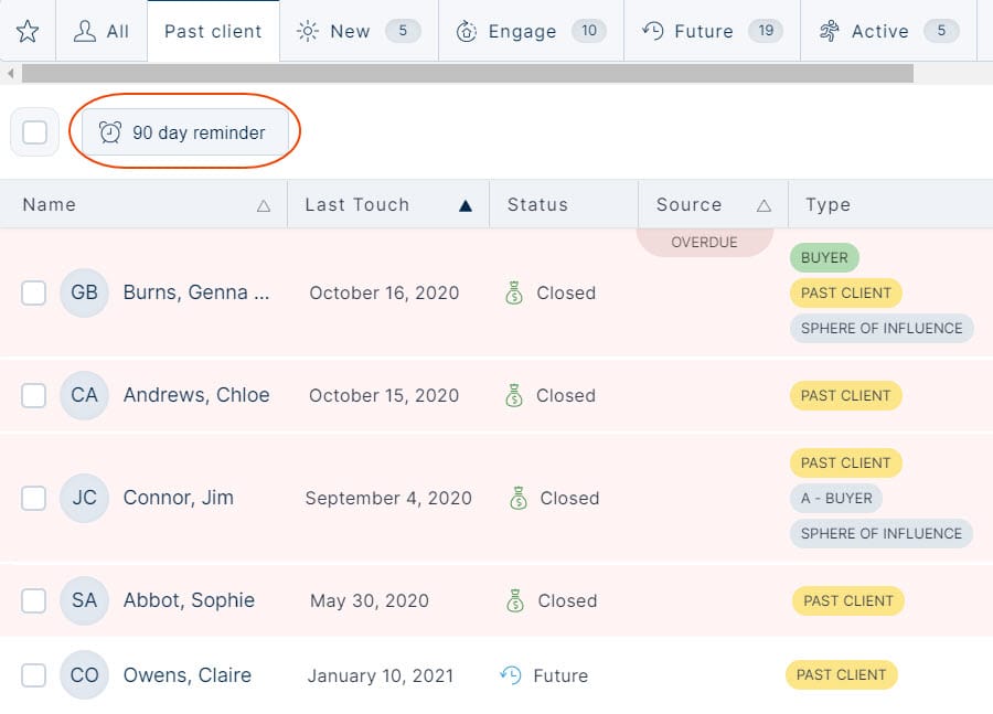 Bucketing contacts and setting follow-up reminders in Top Producer X CRM