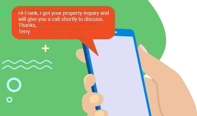 Image of the message that's sent via text within the first 5 minutes of receiving a lead