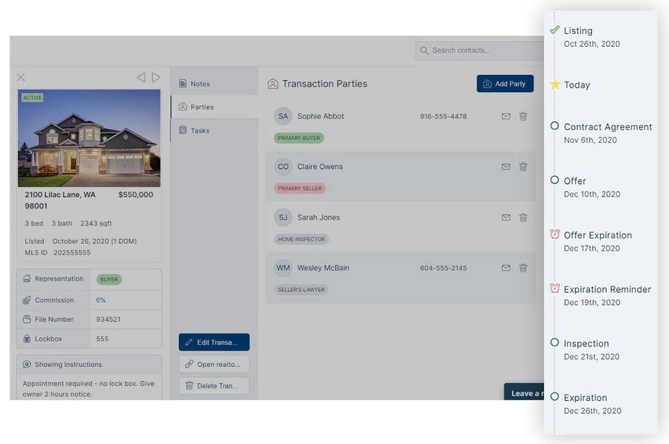 Transaction management in a real estate CRM