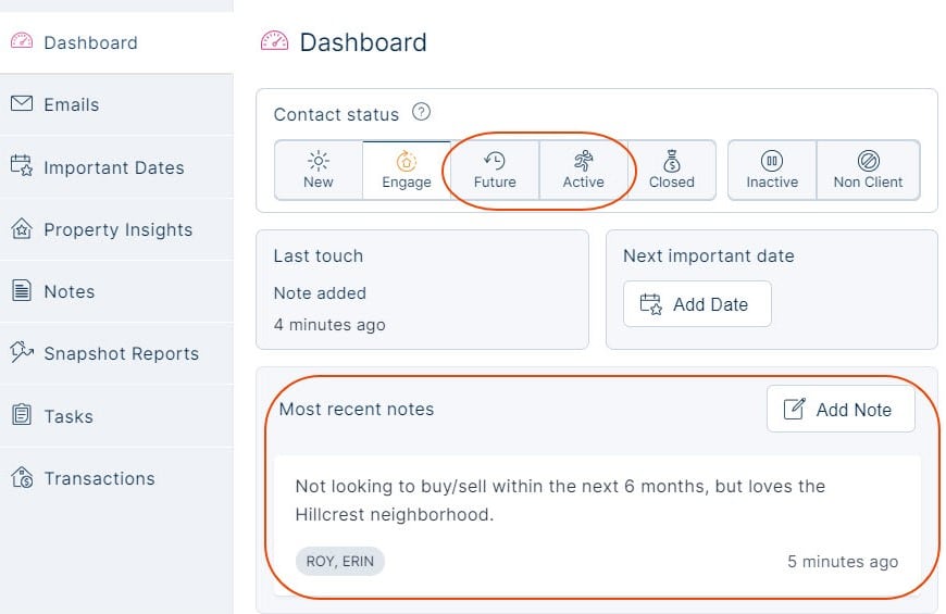 Updating a contact's status in Top Producer X CRM