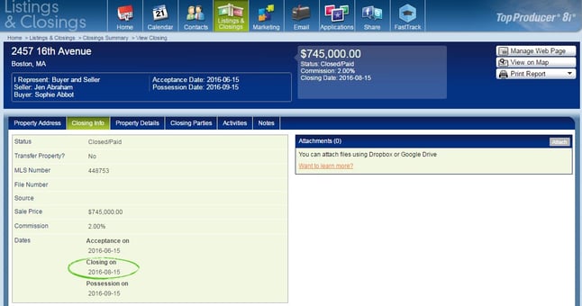 A transaction record in Top Producer that shows the closing date field