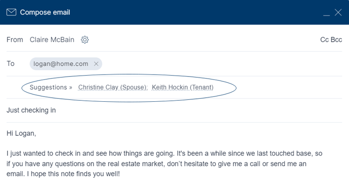 Auto-suggestions on who to include when sending an email in Top Producer X CRM