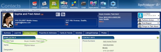 A Top Producer contact record showing where the contact type field is