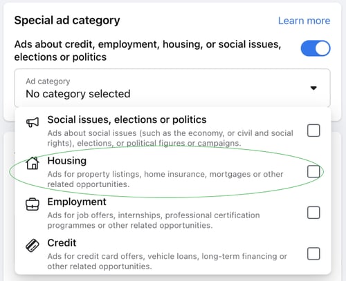 Facebook special ad category for real estate