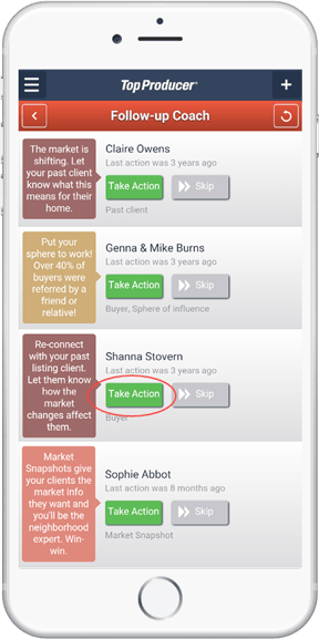 The Follow-up Coach in Top Producer that helps agents stay on top of their client follow-up