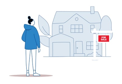 Cartoon image of a woman looking at a house with a For Sale sign