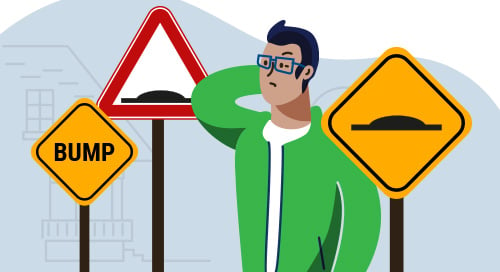 A cartoon image of a man deep in thought with speed bump road signs behind him
