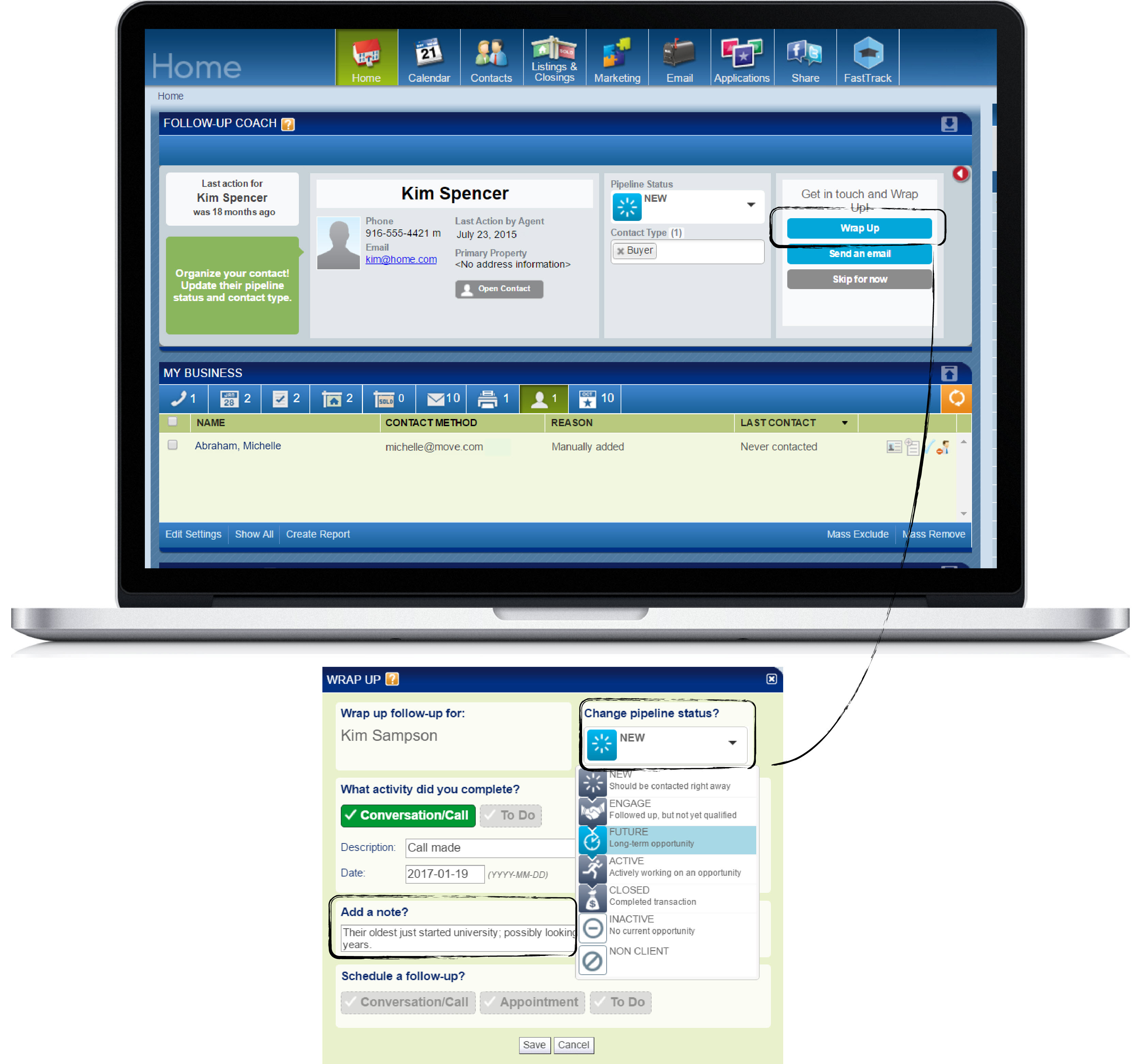 Wrapping up a phone call and recording details in Top Producer CRM