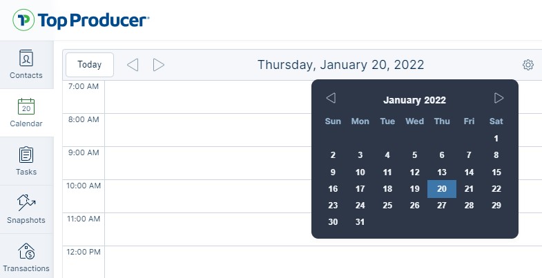 The calendar picker in Top Producer X CRM