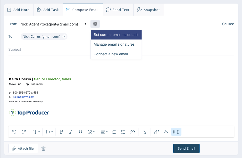 Default email settings in Top Producer® X CRM