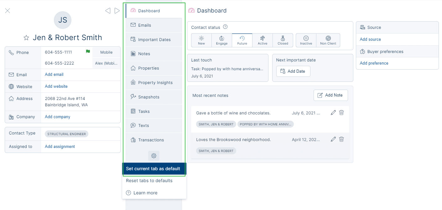 Reorder tab in contact record