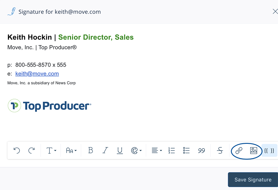 Email signature sample in Top Producer® X CRM
