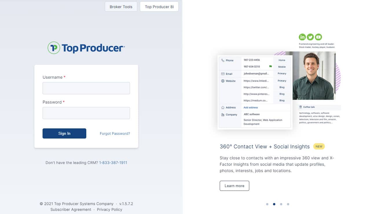 Top Producer X CRM login page