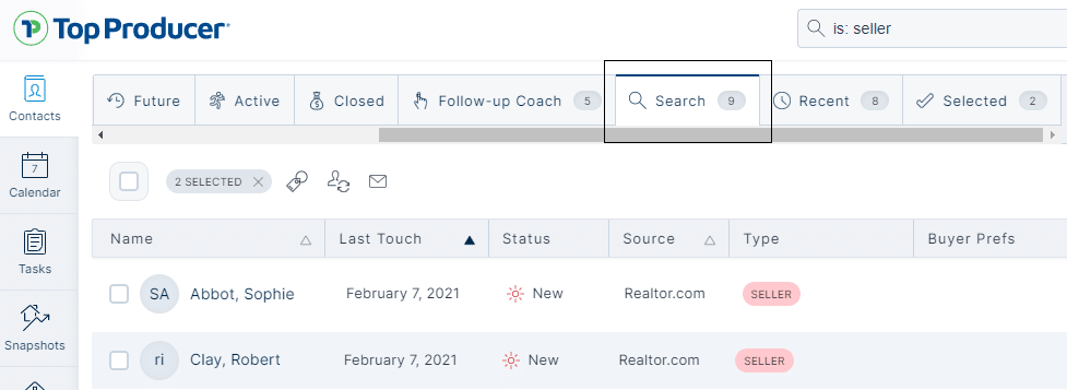 Search tab in Top Producer X CRM
