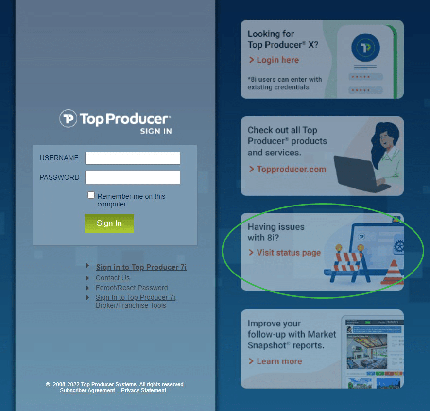 Link to status page on Top Producer login page