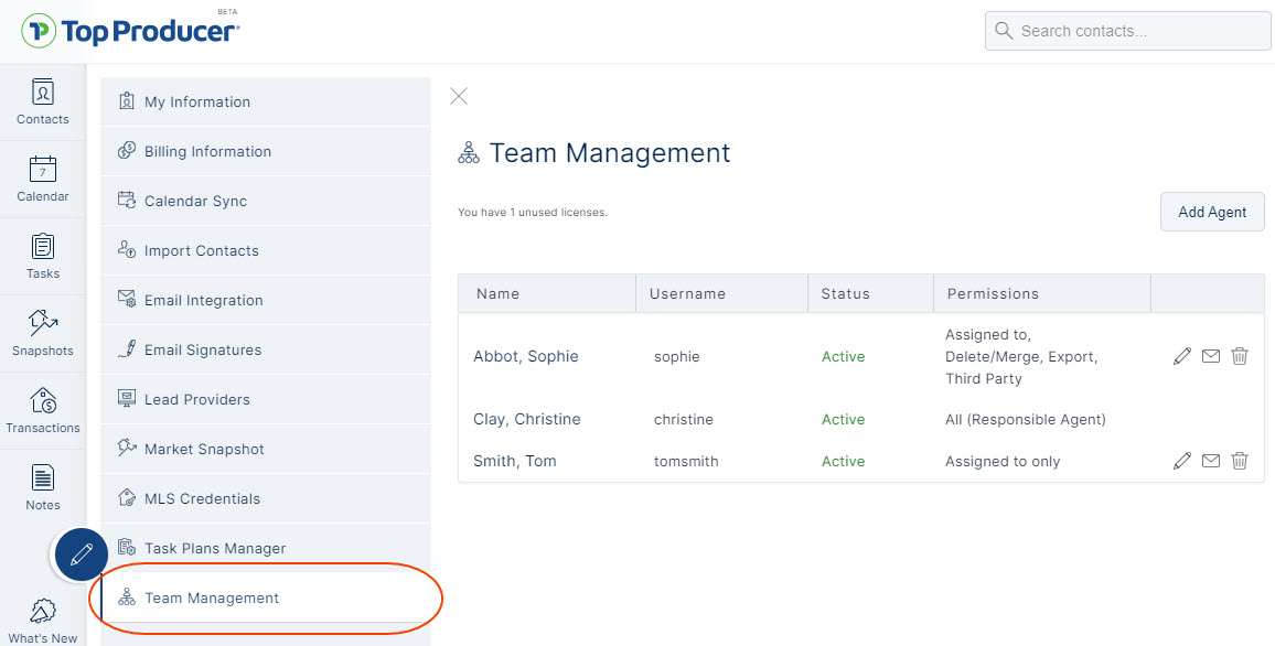 Team permissions in Top Producer X CRM